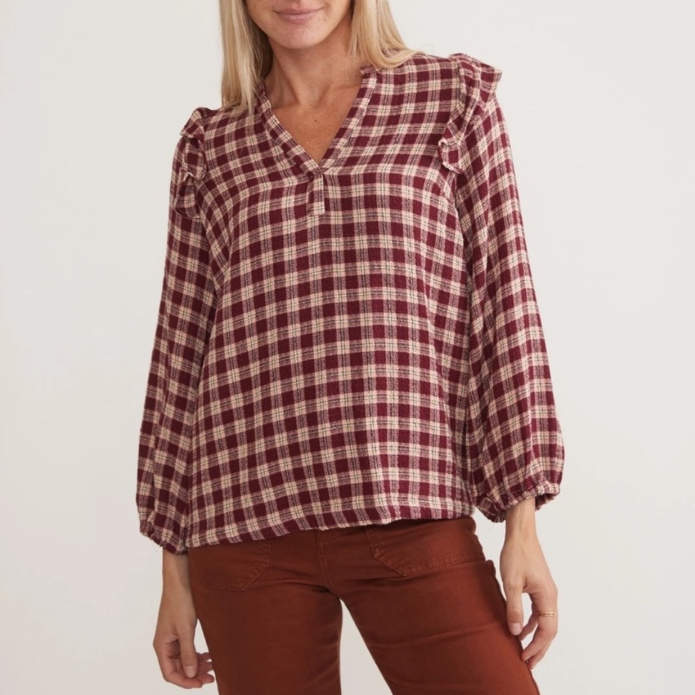 NWT Marine Layer Jamie Ruffle Sleeve Top in Pink/Burgundy Tartan Plaid Size XL